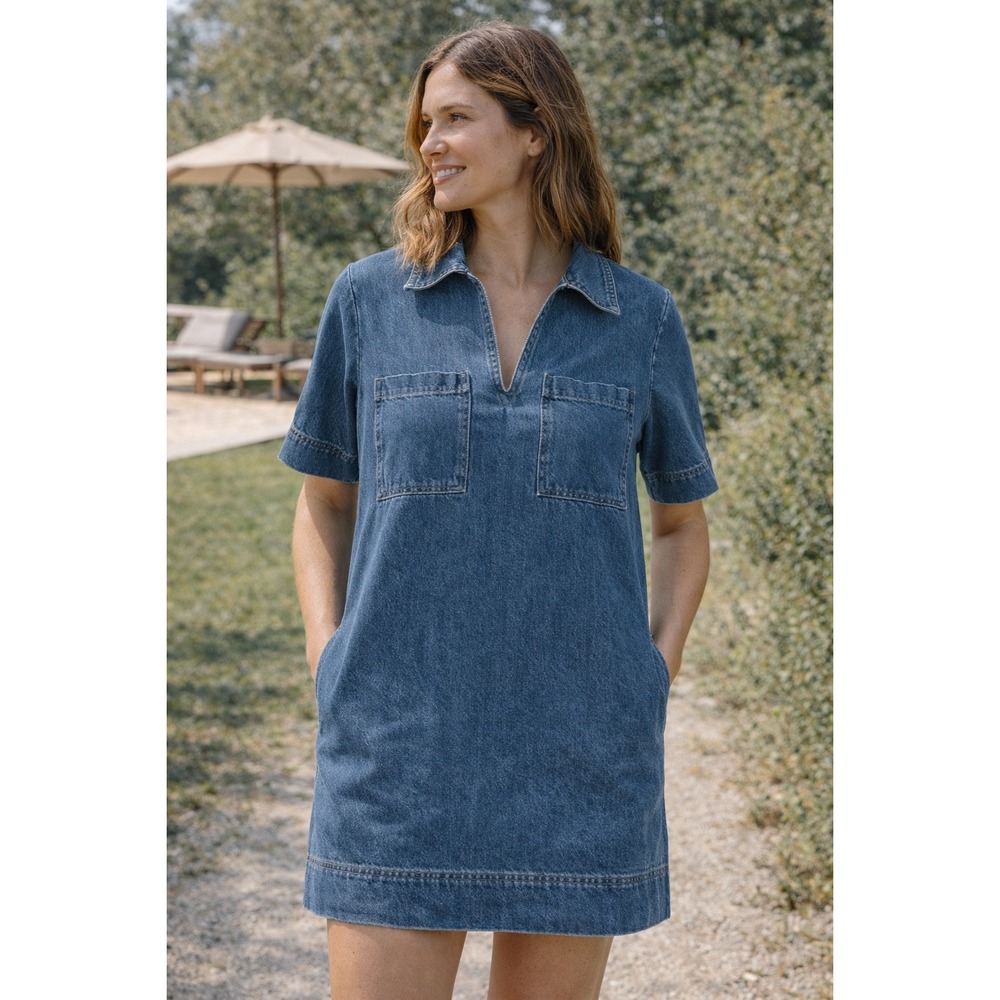 OLIVACEOUS Women Denim Shirt Dress Collared Short Sleeve Pockets Size S
